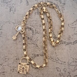 Vintage Artisan Craft Goldtone Lock And Key Necklace